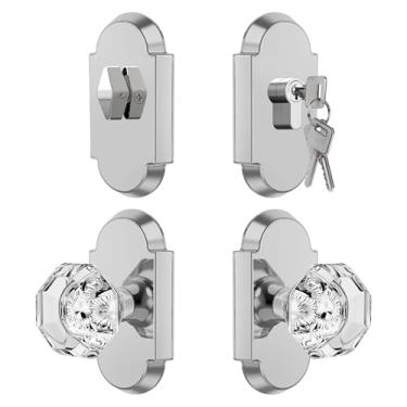 Imagem de BonKuDoo Maçaneta de porta cromada polida com fecho, maçanetas de porta de vidro de cristal com fechadura de cilindro único com maçaneta de porta de passagem (igual a chave)