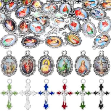 Imagem de Trnayi 200 peças de kits de fabricação de rosário, suprimentos de medalha de cruz e centro, pingente de crucifixo religioso para fazer joias faça você mesmo, pulseira de oração, colar, brinco (liso)