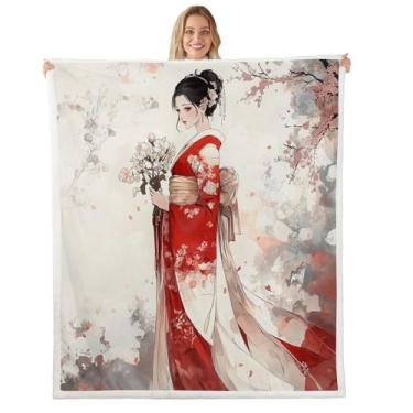 Imagem de jejeloiu Cobertor de lã de ovelha japonesa de gueixa japonesa com flores de cerejeira cobertor de pelúcia padrão Hokusai para cama sofá sofá adolescentes decoração de quarto de bebê 76 x 101 cm