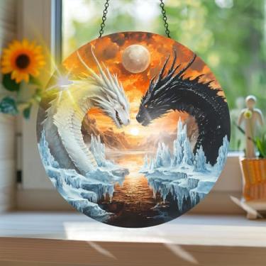 Imagem de Apanhador solar de acrílico colorido, estilo vitral com estampa de dragão animal, com reflexos de arco-íris, decoração de janela suspensa, arte de parede, ornamentos de Natal para uso interno e