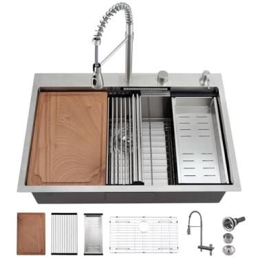 Imagem de BoomHoze Pia de cozinha com torneira em cascata, 33 x 55 cm, pia de cozinha, multifuncional, aço inoxidável, calibre 16, tigela única inteligente e combo de torneira