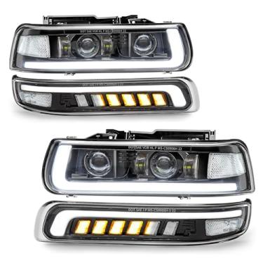 Imagem de RAMJET4X4 Conjunto de faróis de LED substituição para Chevy Silverado 1999-2002 2000-2006 Suburban Tahoe Sinalização sequencial de seta de farol alto/baixo DRL com lâmpadas