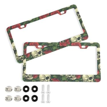 Imagem de SEHANY Molduras de placa de carro vintage rosa crânio, capas de alumínio à prova de ferrugem com furos elípticos e parafusos serve para veículos padrão dos EUA tamanho acessórios de carro para