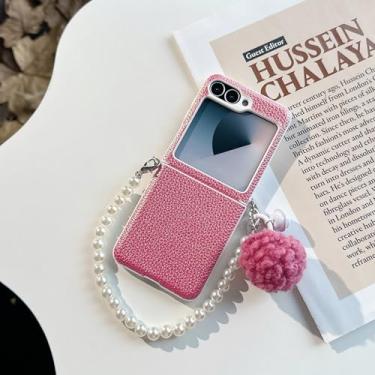 Imagem de Capa articulada em couro genuíno com estampa de lichia para Samsung Z Flip 3 4 5 6 7 5g Flip5 Flip6 (Para Z Flip 6/Vermelho Rosado)