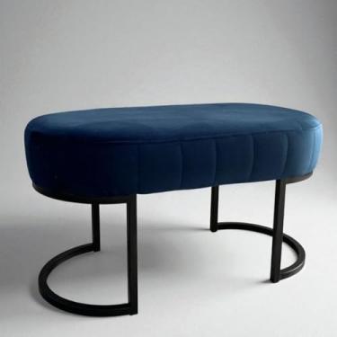 Imagem de Puff Banco Luna Bouclê Branco com Pés em Metal – Puff Decorativo Industrial Moderno para Sala e Quarto(Azul c/Preto)