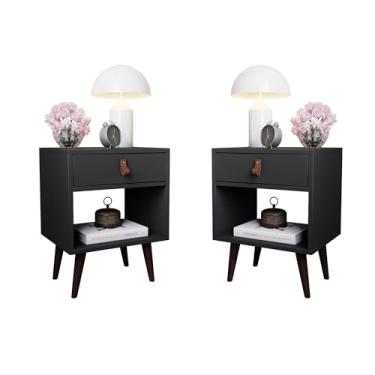 Imagem de Kit 2 Mesas de Cabeceira Mesinha Para Quarto 1 Gaveta Puxador em Couro Ravenna - Preto