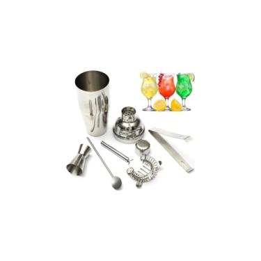 Imagem de Kit Coqueteleira 5 Peças 550ml Inox, 22cm Altura, Aço Inox, Uso Doméstico e Profissional, com Separador, Mini Copo Dosador, Misturador, Pinça para Gelo