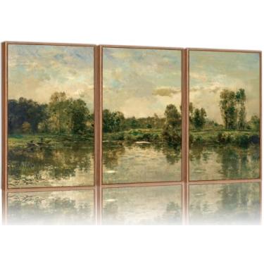 Imagem de Tinonedraw Conjunto de 3 arte de parede em tela emoldurada de natureza vintage, decoração de parede francesa, pinturas de arte de árvores verde-oliva, paisagens rústicas de casa de fazenda para sala