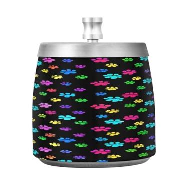 Imagem de Qilmy Cinzeiro colorido de aço inoxidável com impressão de pata de cachorro com tampa - Cinzeiro de cigarro à prova de vento sem cheiro sem fumaça para casa, escritório, carro, pátio, varanda (uso