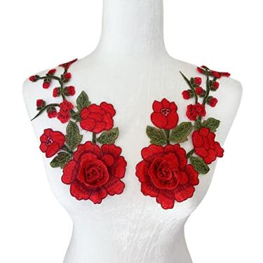Imagem de PEPPERLONELY 1 par de folhas de flor rosa 3D bordado floral em patch para roupas vestido de custune, 30 x 13,5 cm, vermelho