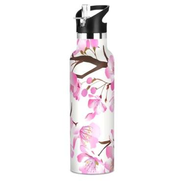 Imagem de Garrafas de água brancas com flores de cerejeira rosa floral para meninas e meninos, garrafa de água de aço inoxidável sem BPA, copo de viagem isolado com tampa de canudo para bebidas quentes ou frias