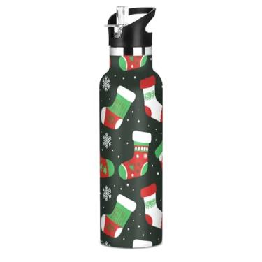 Imagem de Garrafas de água pretas de Natal vermelhas e verdes para adolescentes e crianças, garrafa de água isolada a vácuo, copos de viagem de aço inoxidável para crianças com tampa de canudo para bebidas