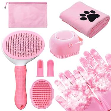Imagem de Kit de cuidados para cães – 8 peças de suprimentos para cuidados com animais de estimação com escova de remoção, luvas de banho, toalhas e escova de dentes de silicone | Ideal para cães, gatos