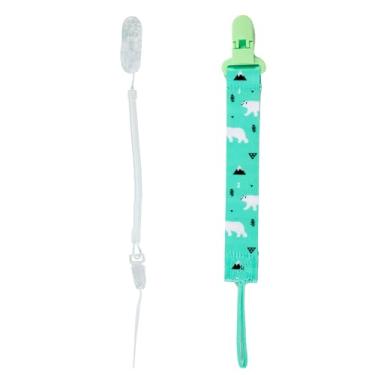 Imagem de Kit 1 Prendedor de Chupetas Estampado e 1 Prendedor de Chupetas Mola Pietra Baby Menino Menina Infantil Bico Clipe Corrente Universal Top Trava Cordão Criança Feminino Masculino (Branco e Urso Polar)