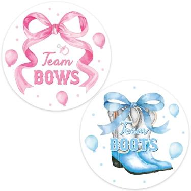 Imagem de FeuuWamme Rolo de adesivos de revelação de gênero - 500 peças lindas etiquetas de aquarela de bota azul e laço rosa para chá de bebê, adesivos autoadesivos para meninos e meninas de time para artigos