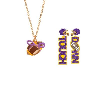 Imagem de coadipress Conjunto de colar de brincos de futebol para mulheres e homens delicados moda marrom esportes rúgbi futebol arco pingente colar glitter brincos pingente de futebol fã esportes acessórios