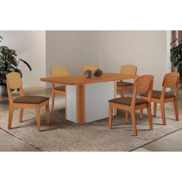 Imagem de Conjunto: Mesa Sala Jantar Pietá Tampo Curvo 180cm+6 Cadeiras Havana Naturale/Off White - Suede Marrom - Rufato