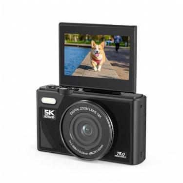 Imagem de Câmera digital 5K, câmera vlogging de 75 MP, com zoom de 18x, tela flip de 7 cm, câmera compacta HD, para fotografia de viagem (preto)