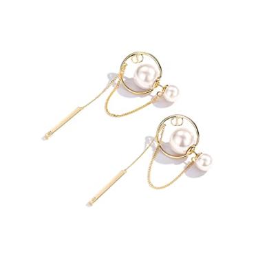 Imagem de Brincos de gota de pérola de prata 925 para mulheres banhados a ouro 18 K com borla longa pendurada