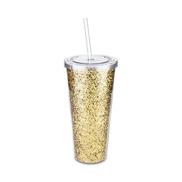 Imagem de Copo com glitter de parede dupla Glam da Blush | reutilizável, plástico, fino, copo de café gelado com vedação de silicone, tampa rosqueada e canudo, 680 g, dourado