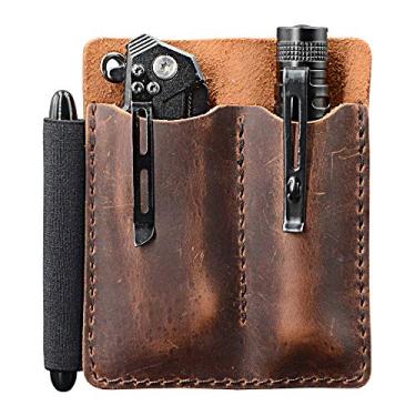 Imagem de Organizador de bolso de couro EDC, bolso de bolso, bolsa para canivete EDC, com alça para caneta, organizadores de transporte diário, couro de flor integral. Castanho.