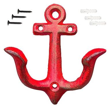 Imagem de KiaoTime Ganchos de parede com design de âncora náutica vintage rústico vermelho de ferro fundido, ganchos de parede decorativos antigos gastos chique metal casa banheiro banheiro banheiro toalha cabide ganchos