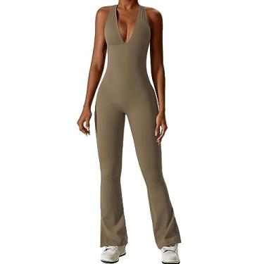 Imagem de Macacão Feminino Com Decote Em V Profundo Elegante Sem Mangas Halter Neck Sem Costas Cintura Fina Playsuit One Piece Outfits Calças Bootcut (Cacau)