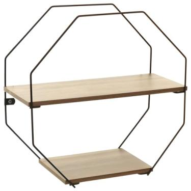 Imagem de Prateleira Decorativa Octagonal, Cor Preto Microtextura com Madeira Castanha, Metaltru
