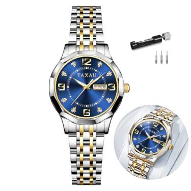 Imagem de Taxau Relógios femininos de luxo, à prova d'água, diamante, com data, grande número, aço inoxidável, analógico, quartzo, elegante, relógio de pulso pequeno para mulheres, L8402 - azul prateado, round