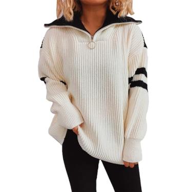 Imagem de Gumiao Moletom feminino de grandes dimensões, gola V, casual, Color Block, suéter quente com zíper, camiseta Y2k, Branco, M