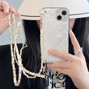 Imagem de Capa de cartão de couro carteira de treliça de diamante de luxo para iPhone 14 Pro Max 13 12 11 X XS XR 8 7 Plus Capa de cordão crossbody, branca, para iPhone 8 Plus
