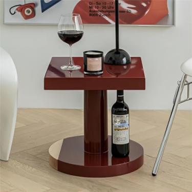 Imagem de Mesa de centro redonda, mesa de canto pequena, mesa de pedestal pequena com detalhe vintage vermelho exclusivo, para sala de jogos, varanda, mesa de cabeceira de madeira, suporte de plantas, 40 cm
