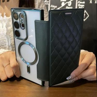 Imagem de Capa Flip Cover Plating Magnetic Clear Case para Samsung S24 Ultra S23 FE S22 Plus A55 A35 A15 Slot para cartão Carteira Capas de couro, verde escuro, para S23 Ultra