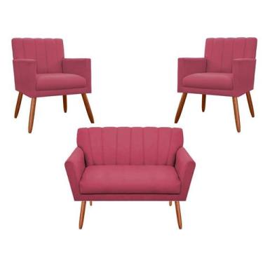 Imagem de Kit Namoradeira + 2 Poltronas Decorativa Cecília Suede Rosa Pés Madeir