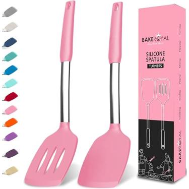 Imagem de BakeRoyal Conjunto de espátulas de silicone – Espátulas de silicone resistentes ao calor 315 °C – Espátula com fenda e sólida para cozinhar peixe, ovos, panquecas – Espátulas para uso na cozinha