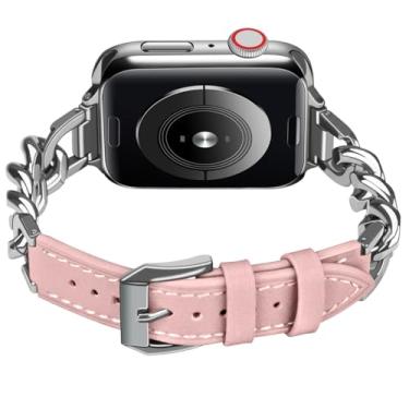 Imagem de ABNUSR Pulseira feminina de couro fina para Apple Watch, série 9, 8, 7, 6, 5, Se, 4, 3, 2, 1 Ultra/Ultra 2, rosa