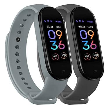 Imagem de Wanme Pulseiras para Amazfit Band 5 Pulseiras de substituição para mulheres e homens, pacote com 2 pulseiras esportivas de silicone compatíveis com pulseira Amazfit 5 acessórios de pulseira (cinza escuro + azul rocha)