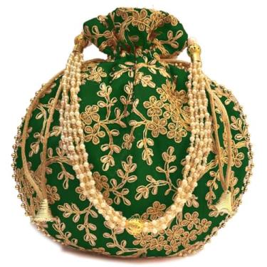 Imagem de IGH Bolsa étnica Potli feminina Batwa Pearls Handle Clutch Purse para mulheres nupciais, Verde