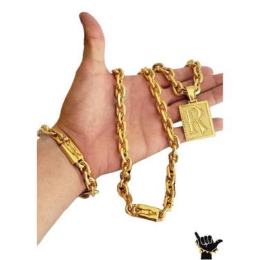 Imagem de Corrente Cadeado 12mm + Pulseira + Pingente - Banhado a Ouro - ToJoia1