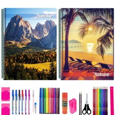Imagem de Kit 2 Caderno Natureza 200 Folhas Arame Capa Dura 40 Itens - Maxima ca