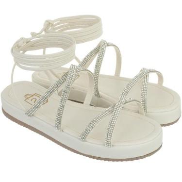Imagem de Sandália Feminina Papete Flatform Tiras De Amarrar Com Brilho Branco -