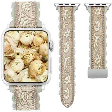 Imagem de CooBES Pulseira feminina de couro macio compatível com Apple Watch de 42 mm (série 10) de 41 mm, 40 mm e 38 mm, bordado floral para Apple Watch séries 10, 9, 8, 7, 6, 5, 4, 3, 2, 1 SE 2/SE. (Loiro