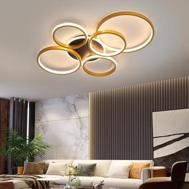 Imagem de Dimmable Lustre de Teto Moderno levou lâmpada para sala de jantar Sala de estar Cama quarto Decoração levou Lustre Luminária AC110-240V Preto/Ouro led plafon (Dourado, 6 anéis L78*W55CM)