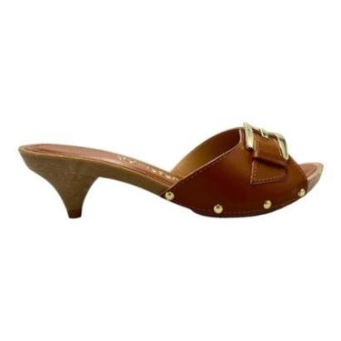 Imagem de Tamanco Tchocco Salto Baixo Couro Legítimo Marrom Caramelo Fivela Dourada 47704-Feminino