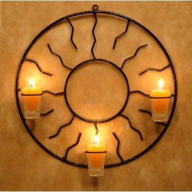 Imagem de Mandala Sol 38 cm Porta Vela Amarela Parede Decoração Ferro