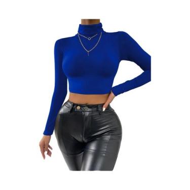 Imagem de Sexy manga longa espartilho topo feminino gola alta magro curto camise