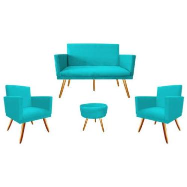 Imagem de Kit Namoradeira + 2 Poltronas Decorativa Nina + Puff Redondo Suede Azu