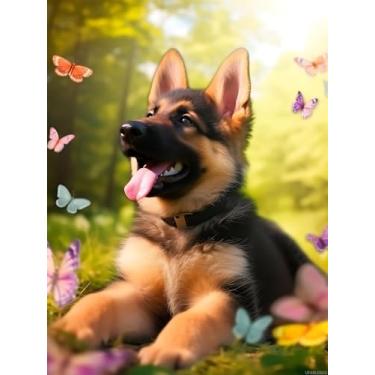 Imagem de UPABLUNSO Kits de pintura de diamante para adultos, kits de pintura artística de diamante de filhote de pastor alemão fofo para iniciantes, kits de pintura de diamante de broca completa redonda 5D,