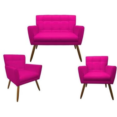 Imagem de Kit Namoradeira + 2 Poltronas Decorativa Onix Couro Rosa Pink Pés Made