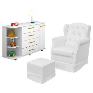 Imagem de Poltrona De Amamentação Fixa Com Puff Alice E Cômoda Com Cantoneira Laura P04 Branco - Mpozenato